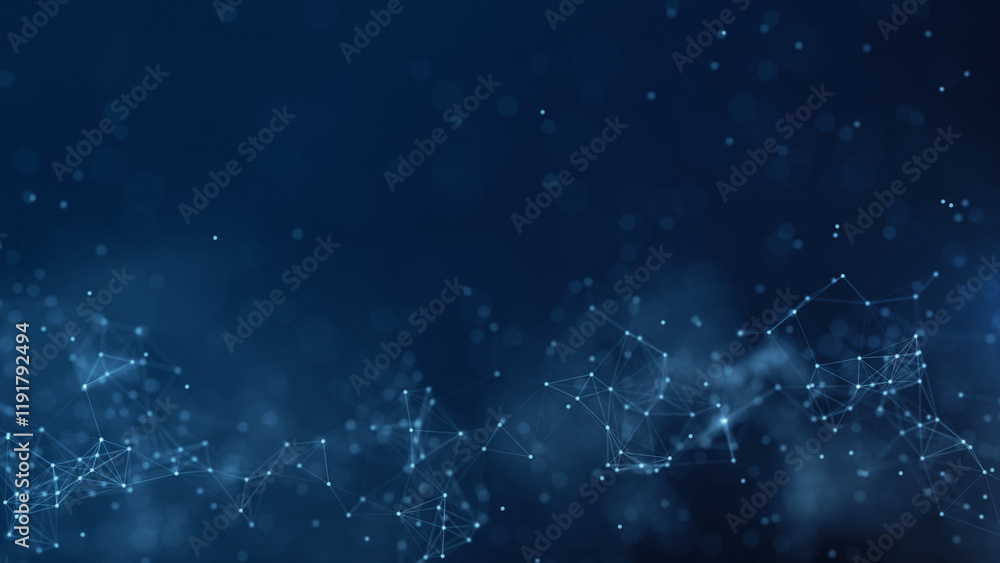 Poster abstract digital network with interconnected points and lines, floating on a dark blue background, s