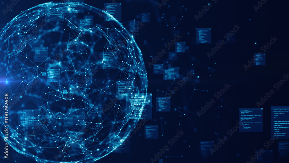 Fototapete Digital data background of interconnected points and lines Global connectivity data networks, and technological innovation. Digital Data search and big data transfer background 3d Rendering