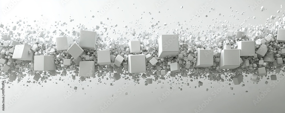 Aufkleber dynamic motion of white cubes in abstract art studio digital artwork minimalist environment top-down