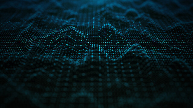Futuristic digital grid wave with glowing points and lines forming interconnected networks, symbolizing data, connectivity, and advanced technology on a dark background. 3d Rendering