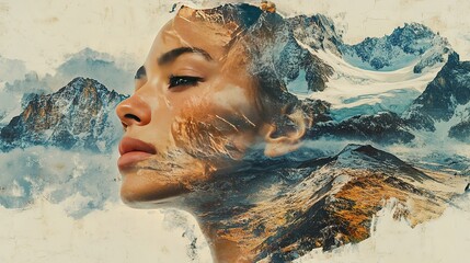 Captivating portrait of a woman merging with majestic mountains nature digital art serene environment artistic viewpoint