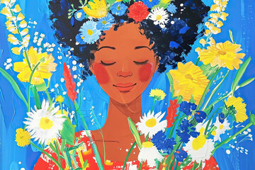 Tranquil Portrait of a Black Woman Surrounded by Colorful Flowers in a Peaceful Moment