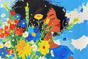 Vibrant Portrait Illustration of a Black Woman with a Colorful Bouquet of Flowers Against a Bright Blue Sky