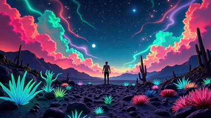 Fototapeta premium A solitary figure stands in an expansive desert vista, framed by stark black rock formations and gritty soil, gazing into the distance under a vast sky