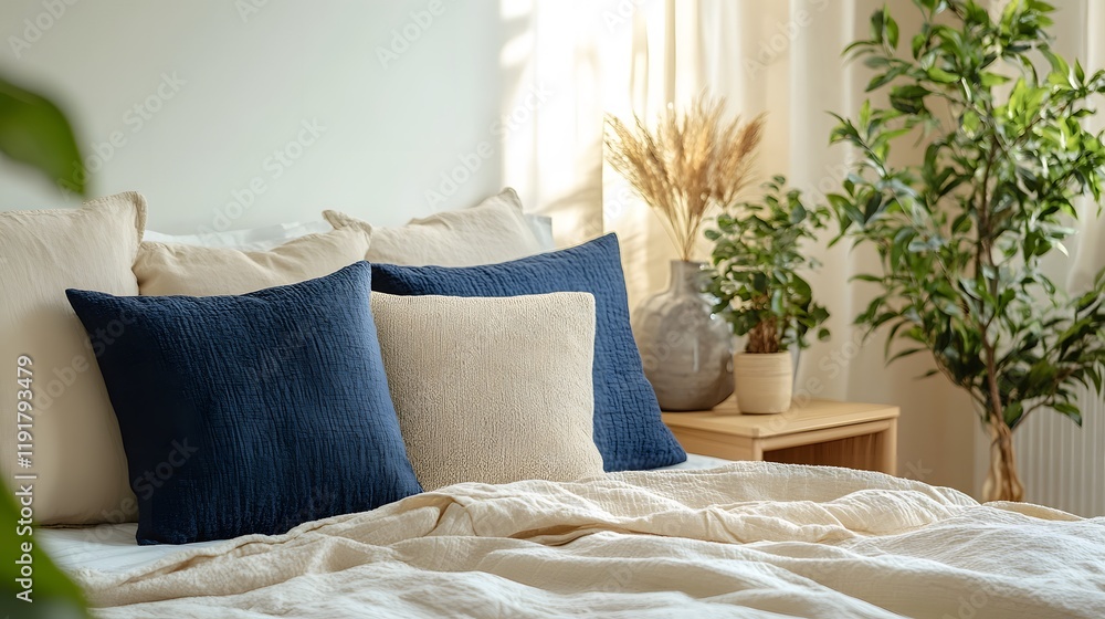 Wall mural Scandinavian-inspired bedroom with cream walls, navy cushions, and light wooden furniture, cozy and fresh