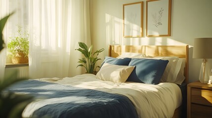 Scandinavian-inspired bedroom with cream walls, navy cushions, and light wooden furniture, cozy and fresh