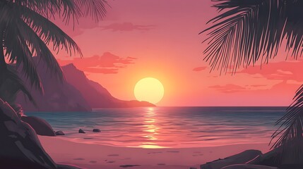 vector illustration beach with the sunset on background