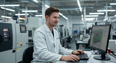 Electronics Factory : Caucasian Male Electrical Engineer Designs PCB Prototype, Works on Desktop Computer, uses CAD Software to Develop Microchips and Semiconductors. Modern Manufacturing Facility.