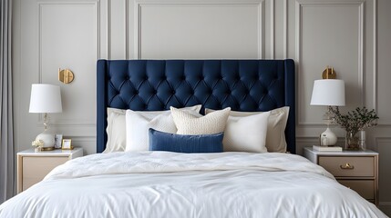 Luxurious modern bedroom with navy tufted headboard, cream bedding, and brass bedside tables, opulent and refined