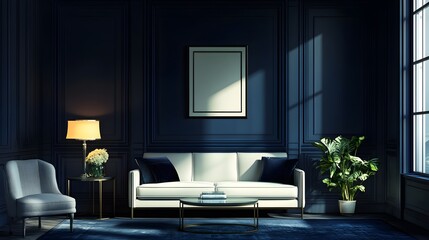Minimalist space with navy walls, cream furniture, and sleek lighting, modern and artistic