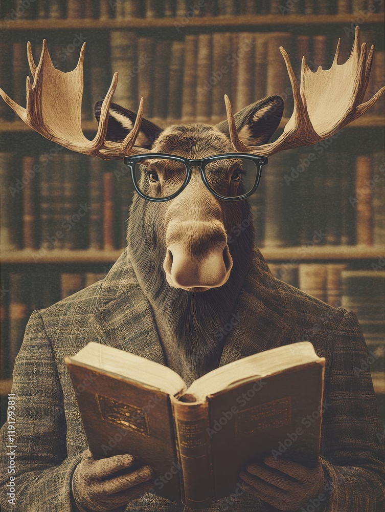 Aufkleber moose wearing reading glasses enjoys a book in a vintage library filled with shelves of old books. g