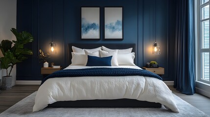 Urban modern bedroom with navy accent wall, cream bedding, and bold black decor, stylish and edgy
