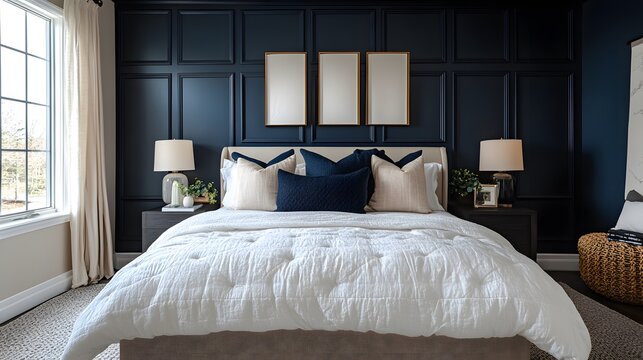 Urban modern bedroom with navy accent wall, cream bedding, and bold black decor, stylish and edgy