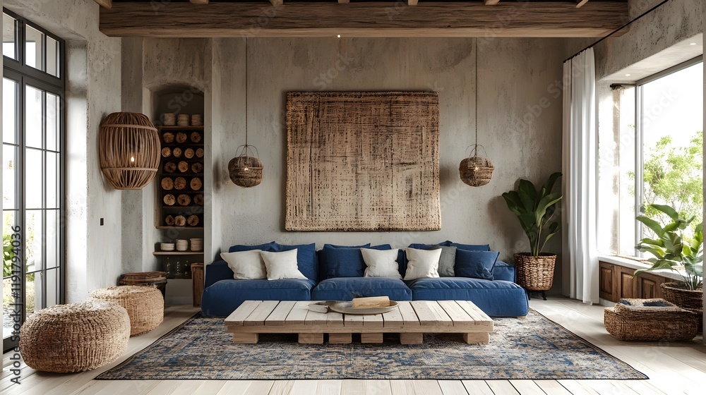 Poster rustic design with navy and cream contrasts, featuring natural wooden textures and soft lighting, wa