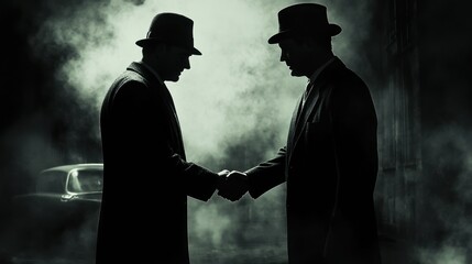 Secretive Deal: Two Men in Hats Shake Hands in a Smoky Alley