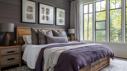 Fototapeta premium Rustic-modern bedroom with lavender bedding, charcoal gray shiplap walls, and natural wood furniture, cozy and inviting