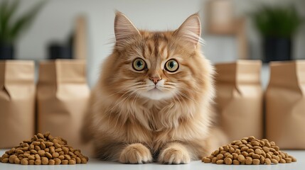 A fluffy ginger cat sitting gracefully next to pet food supplies, looking directly at the camera with an adorable expression