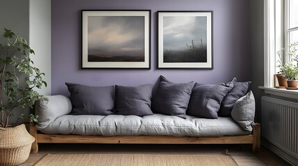 Scandinavian-style room with lavender walls, charcoal gray cushions, and natural wood furniture, fresh and minimal