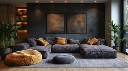 Rustic-inspired space with charcoal walls, lavender cushions, and warm wooden furniture, cozy and welcoming