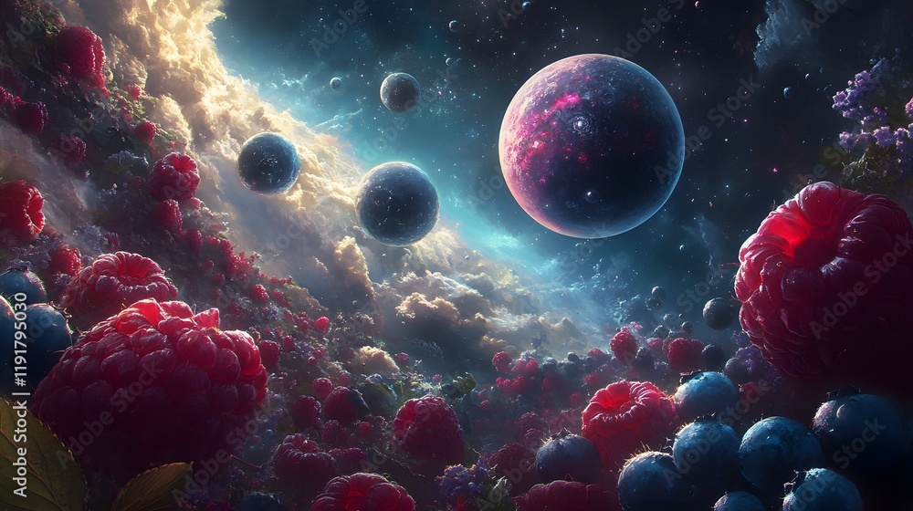 Poster cosmic raspberry field with planets and stars