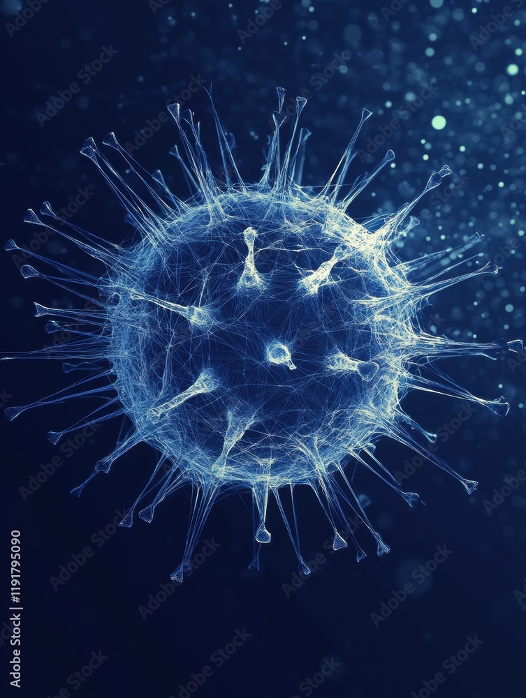 Poster minimalistic graphical representation of a virus in a dark blue background with an abstract view of 