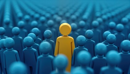 Yellow figure stands out in blue crowd. Illustrates finding unique talent. Image talent acquisition, employee selection. Vivid visual for HR, recruitment. Distinct individual in team environment.