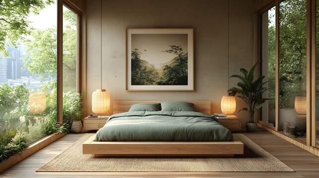 Scandinavian-style room with beige walls, forest green bedding, and light wooden furniture, fresh and cozy