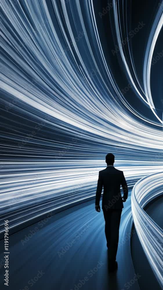 Poster person walking through abstract light tunnel in a futuristic setting at night showcasing motion and 