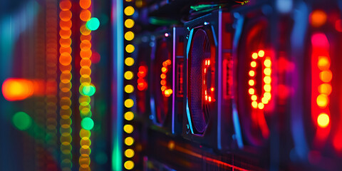 Close-up of server rack with glowing red and green lights, Modern data center with illuminated server equipment
