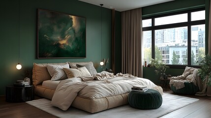 Modern bedroom with forest green walls, beige bedding, and abstract metallic art, stylish and artistic