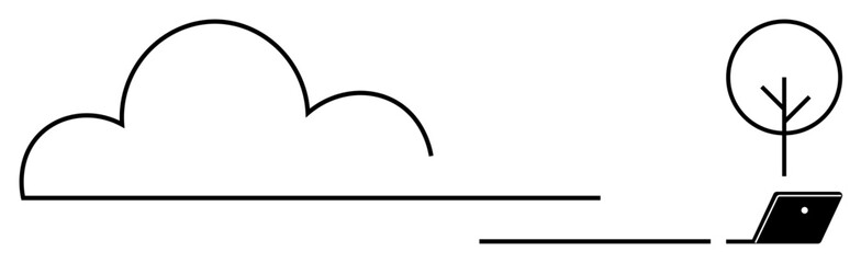 Laptop connected to cloud and tree using minimalistic lines. Ideal for technology, nature, connectivity, cloud computing, eco-friendly tech, networking, remote work themes. Abstract line flat