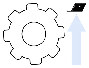 Gear and upward arrow with laptop suggest automation, technology advancement, growth, optimization, development, progress, and improvement. Ideal for business, engineering technology innovation
