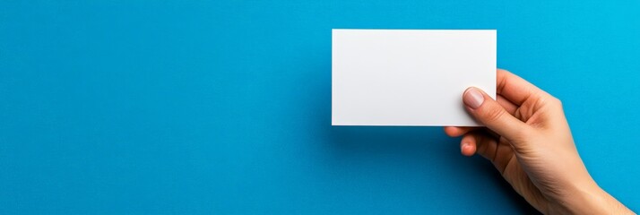 Obraz premium Hand holding a blank white business card on a vibrant blue background, providing a perfect mockup for design and branding projects, with ample copy space for customization