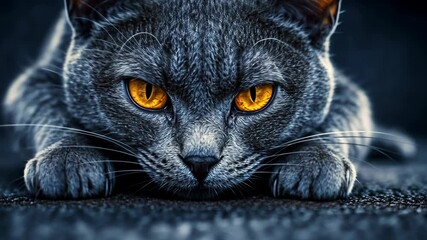 Grey cat with bright orange eyes staring intensely from a dark background, showcasing its predatory instincts - Powered by Adobe