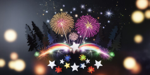 Fototapeta premium Festive Fireworks Rainbow Stars Night Sky Celebration