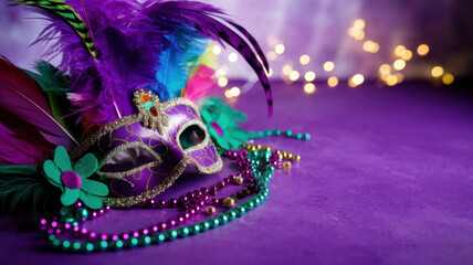 Fototapeta premium Mardi Gras Mask Feathers Beads Purple Party Decor