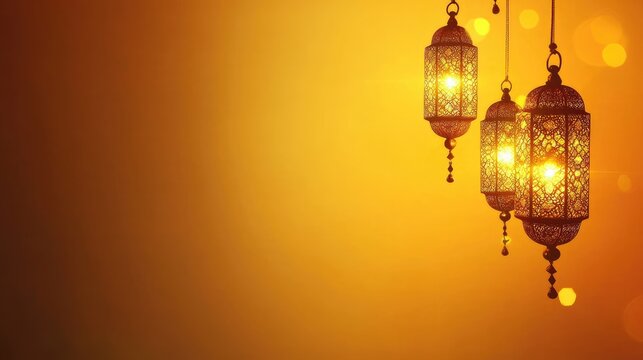 Golden lanterns glow at sunset; festive background, ideal for celebrations