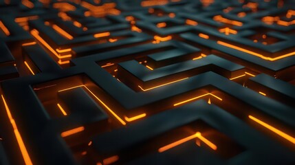 A close-up view of a maze with glowing orange lines against a dark background.