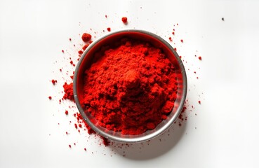 Red kumkum powder fills small silver bowl used in Hindu ceremonies. Powder spills onto white background. Applying bindi on forehead for good luck. Traditional Indian ritual. Ceremony worship.