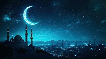 Night cityscape, crescent moon, Islamic architecture, Ramadan celebration, greeting card