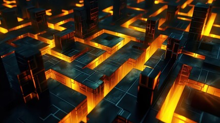 Obraz premium A futuristic maze with glowing orange pathways and dark metallic structures.