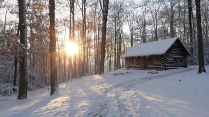 A snow-covered log cabin nestled in a winter forest with sunlight streaming through trees