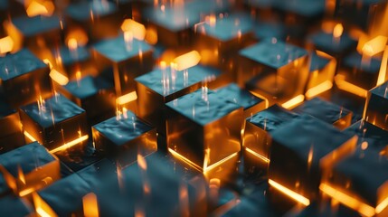 Fototapeta premium A close-up of illuminated, transparent cubes with a glowing effect, creating a dynamic visual.