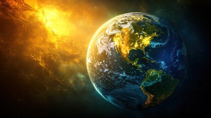 Obraz premium Earth, cosmic sunrise, nebula, space, global, environmental, poster, design