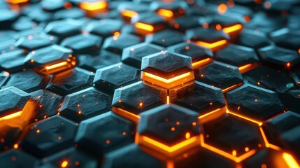 Obraz premium A close-up of hexagonal patterns with glowing orange accents, creating a futuristic look.