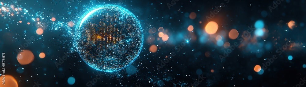 Poster dynamic abstract digital sphere with particles futuristic environment 3d render vibrant colors scien
