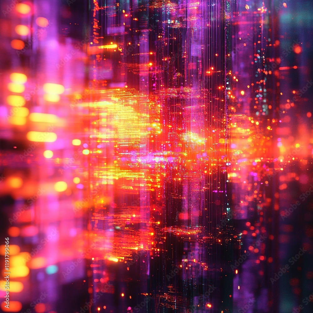 Poster dynamic neon light patterns virtual space digital artwork futuristic environment abstract viewpoint 