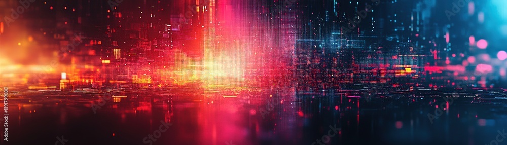 Poster dynamic digital pulse visualization virtual space data art futuristic environment wide-angle perspec