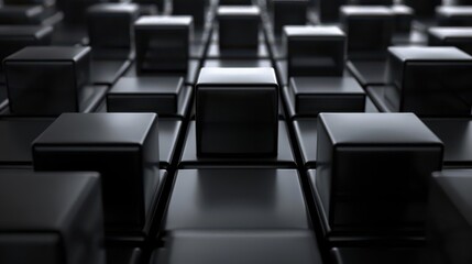 Obraz premium A close-up view of a grid of glossy black cubes, creating a modern abstract pattern.