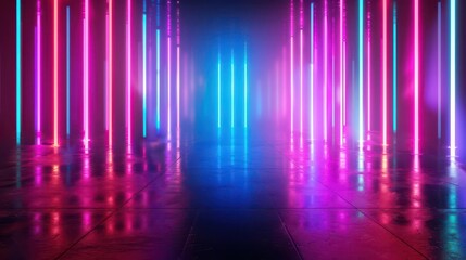A vibrant, illuminated space with colorful neon lights reflecting on a wet floor.